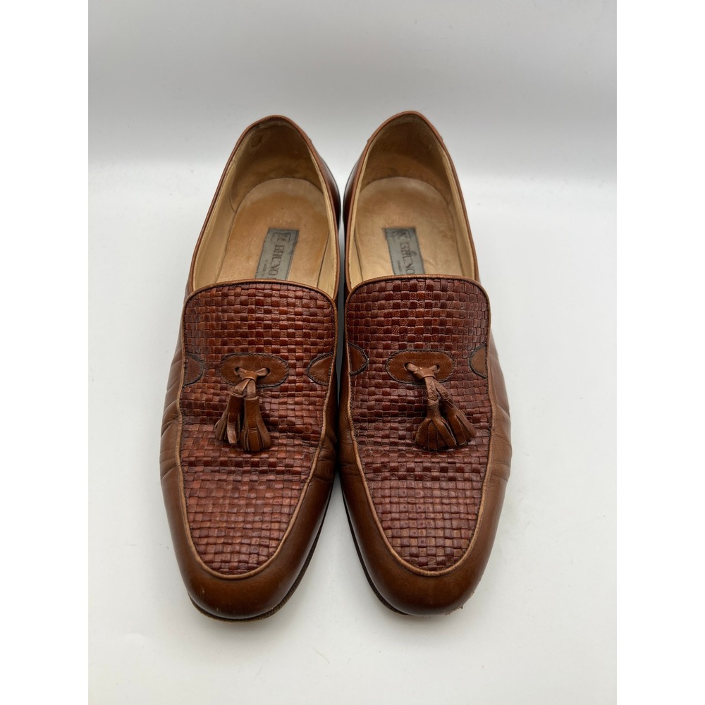 Bruno Magli Brown Woven Leather Tassel Loafers Made in Italy Mens Size 10M